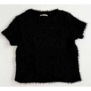 Zara Trafaluc faux fur black fuzzy tee shirt crop top short sleeve M